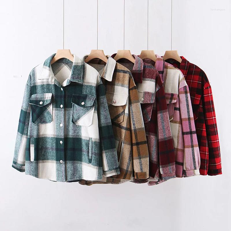 

Women' Jackets Plaid Jacket Women Coat Spring Autumn Vintage Stylish Pockets Oversized Casual Warm Chic Tops Outwears, Blue