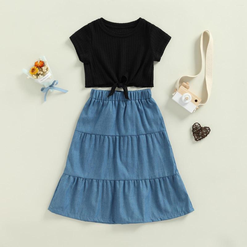 

Clothing Sets Kids Girls Summer Style Baby Clothes Short Sleeve T-Shirt Denim Skirt 2Pcs Children Suits, Picture shown