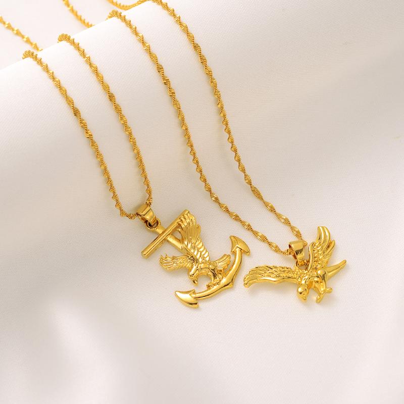 

Charms Gold Eagel Statement Necklaces Pendants Man Collar Water Wave Chain 24K Yellow Filled Chunky Jewelry