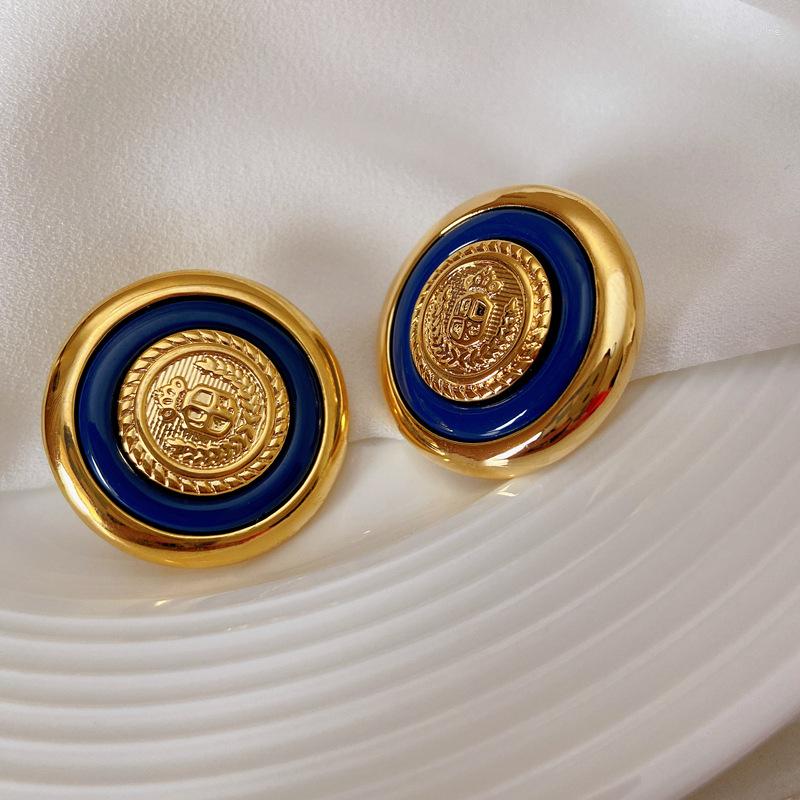

Stud Earrings Metal Button Blue Badge Female Temperament