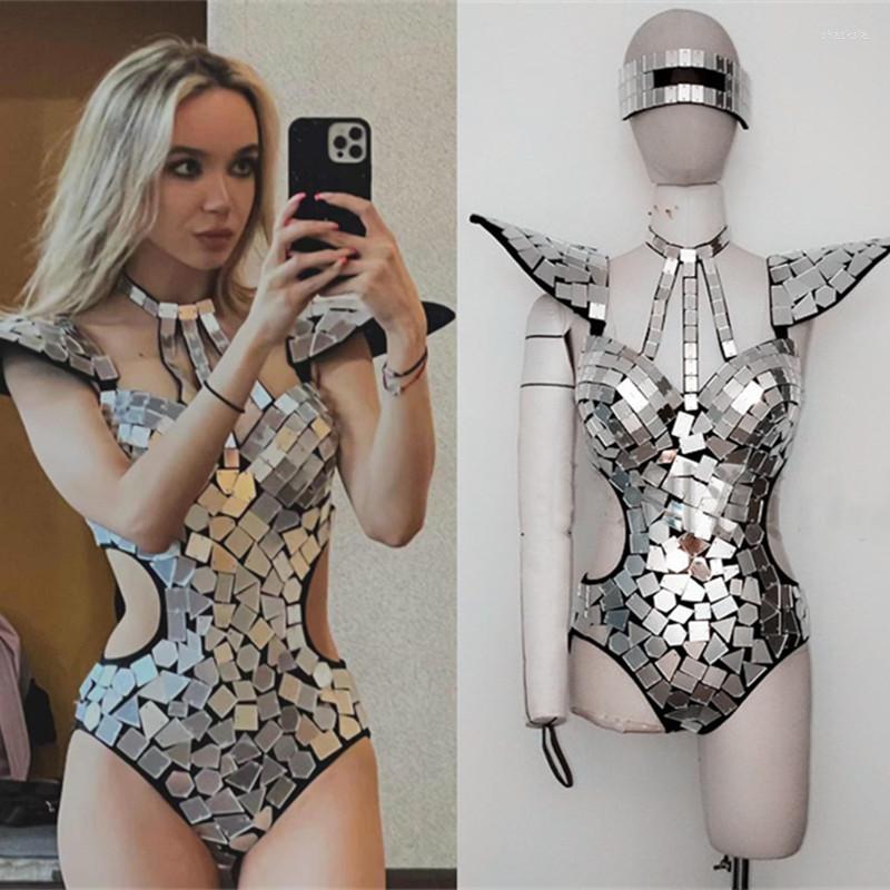 

Stage Wear Mirror Bodysuit Women Dance Costume Gold Silver Sequins Shoulder Hollow Out Rave Outfit Performance Clothes Gogo Show