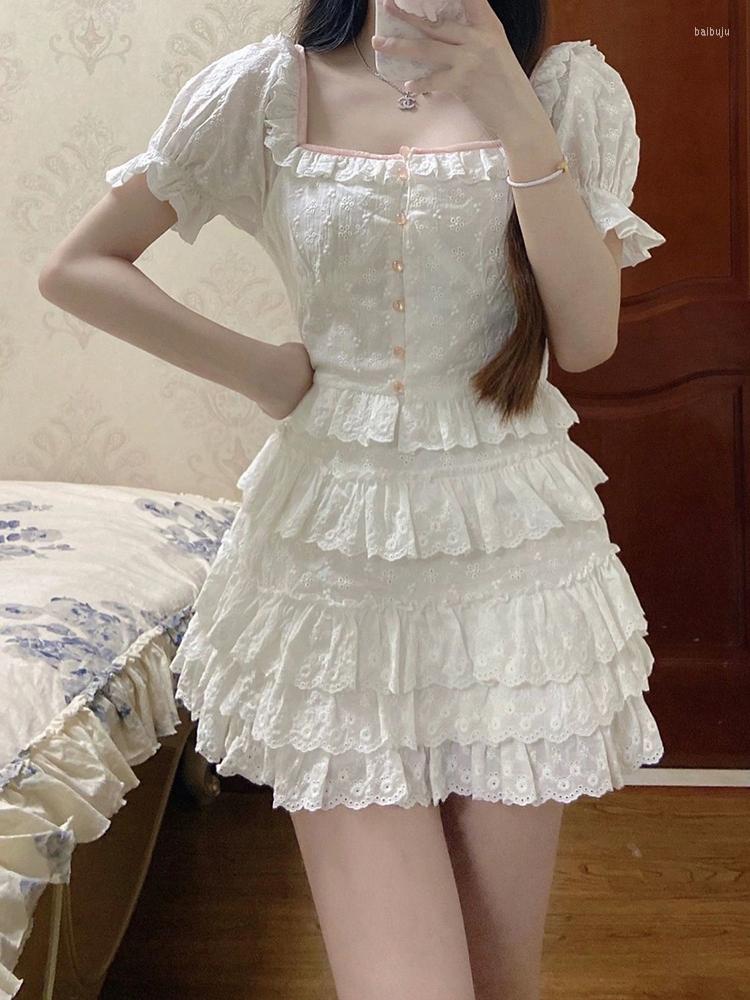 

Work Dresses 2 Piece Sets Women White Tee And Skirt Summer Lace Trim Square Collar Tops Mini Skirts Sweet Girl Kawaii Clothes, White skirt