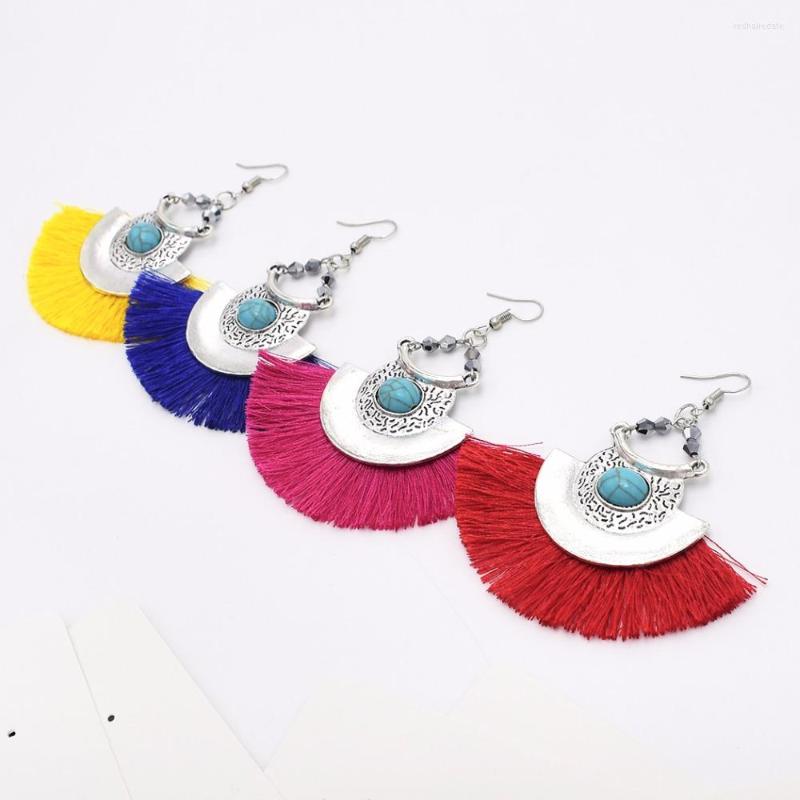 

Dangle Earrings Bohemian Ethnic Handmade Fringes Blue Stone Fan Shaped Tassel Long Drop Jewelry Wholesale 2023