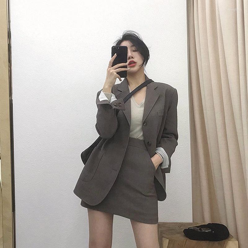 

Women' Suits Preppy Style Office Blazers Women Solid Colors Single Breasted Commute 2023 Spring Autumn Fashion Korean Chic, Grey two piece