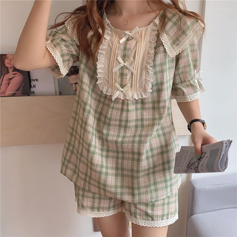 

Women's Sleepwear Bow Plaid Home Suit Two Piece Women Kawaii Korean Sweet Summer Homewear Shorts Set Vintage Harajuku Hollow Out Lolita, Green