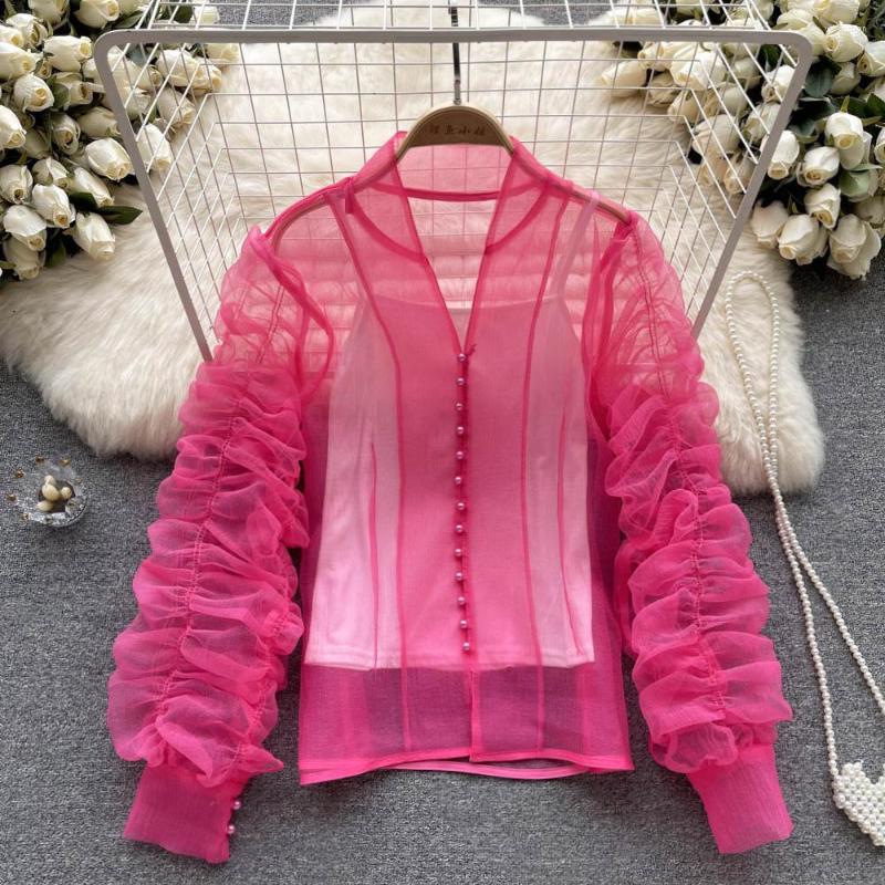 

Women's Blouses Female Vintage Folds Long Sleeve Organza Shirt Autumn Chic Women's Sexy V-Neck Single-Breasted Loose Tops With Camisole, Green