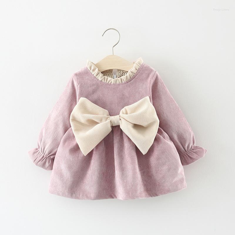 

Girl Dresses Baby Clothes Children Casual Dress Toddler Solid Bow Long Sleeve Princess Infant Spring Plus Velvet Outfits, Pink