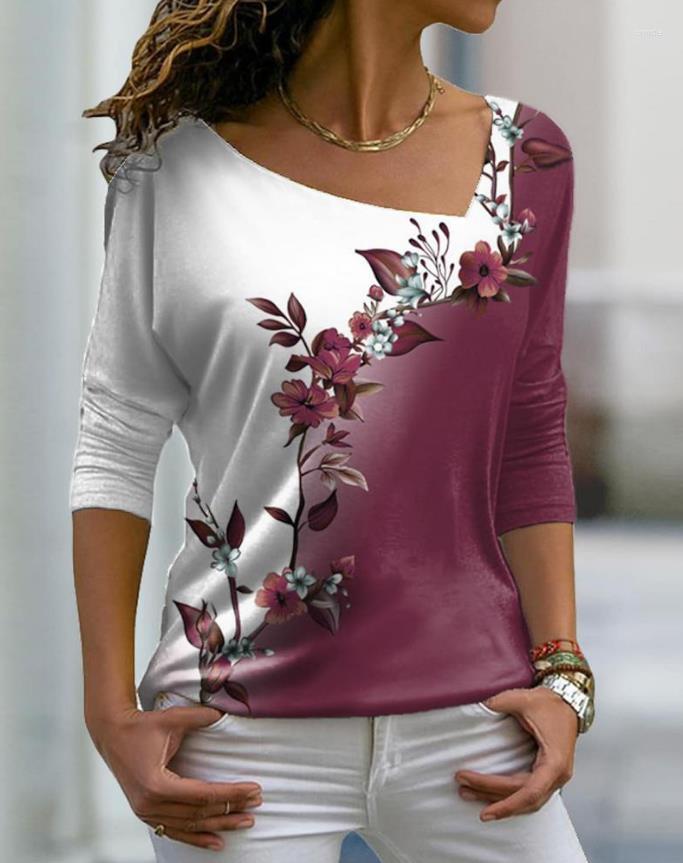 

Women' T Shirts 2023 Fashionable Women' Casual Flower Print Asymmetrical Collar Long-Sleeved Top