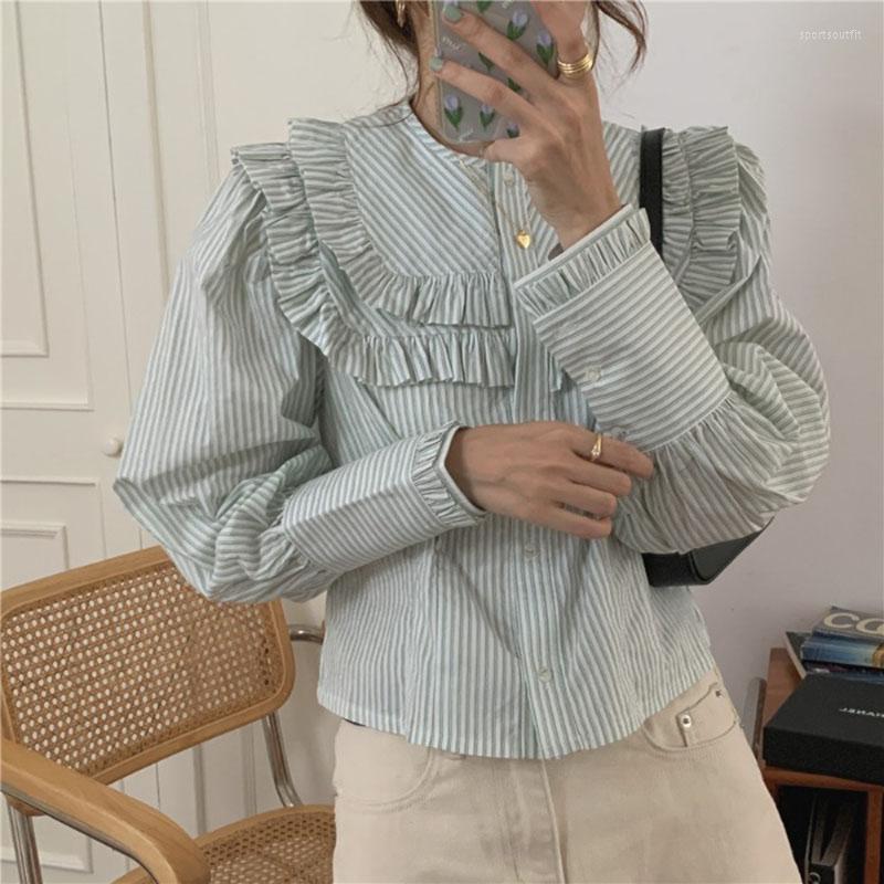 

Women' Blouses 2023 Sweet Striped Shirts Gentle Streetwear Stylish Tops Autumn O-Neck Ruffles Office Lady Short Long-sleeved Chic Top, Yellow
