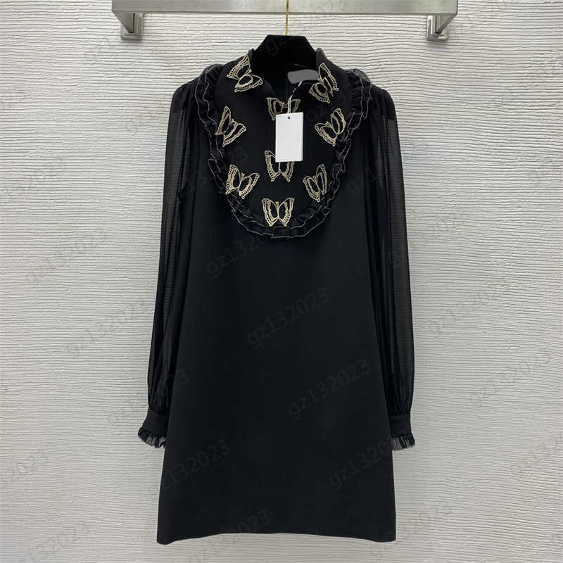 

Summer Dress Front Lace Bow Embellished Stand Collar Slim Dresses Back Zipper Design Stitching Tulle Long Sleeve Perspective Sexy Maxiskit Designer Dress, 10