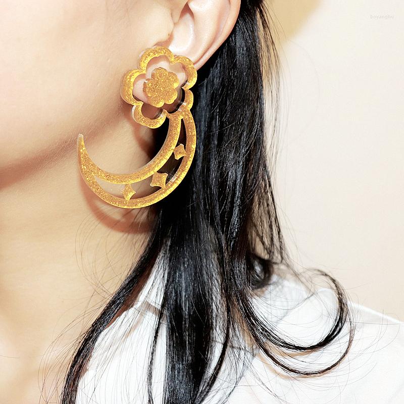 

Stud Earrings Flower Moon Vintage Big For Women Glitter Acrylic Crescent Trendy Jewelry Fashion Accessories