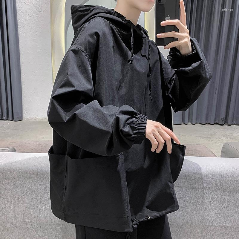 

Men's T Shirts Big Pocket Drawstring Hooded Long Sleeve Men Shirt Korean Black Green Thin Tooling Harajuku Punk Oversized Pullover