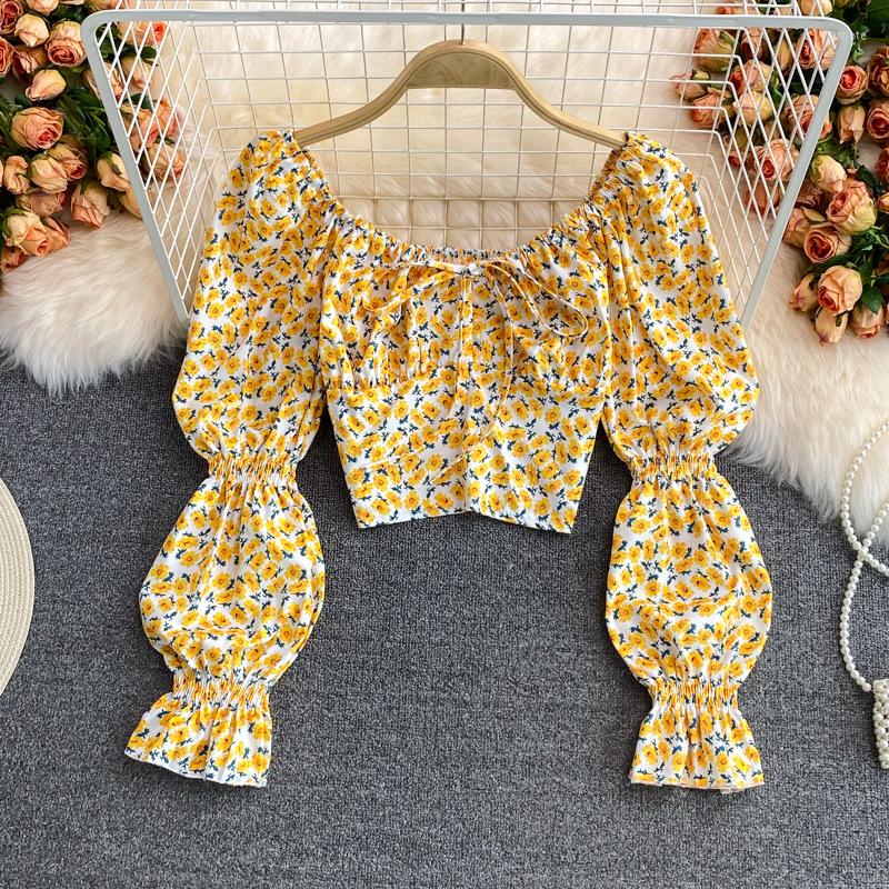 

Men's Sweaters Off The Shoulder Floral Blouse Elastic Waist Ruched Slim Long Sleeve Tops Women Korean Style Print Short Beach Blouses, Blue