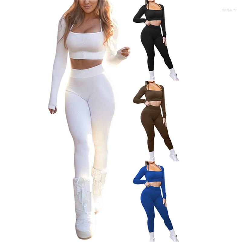 

Women' Two Piece Pants Women 2 Pcs Yoga Clothes Outfit Solid Color Square Neck Long Sleeve Crop Tops And High Waist Leggings Tracksuits 4, Blue