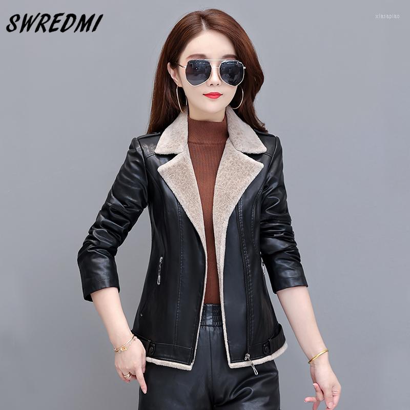 

Women's Leather Warm Jackets Women Fur Thicken Coats Autumn And Winter Turn-Down Collar Zipper Clothing High Street Suede SWREDMI, Red