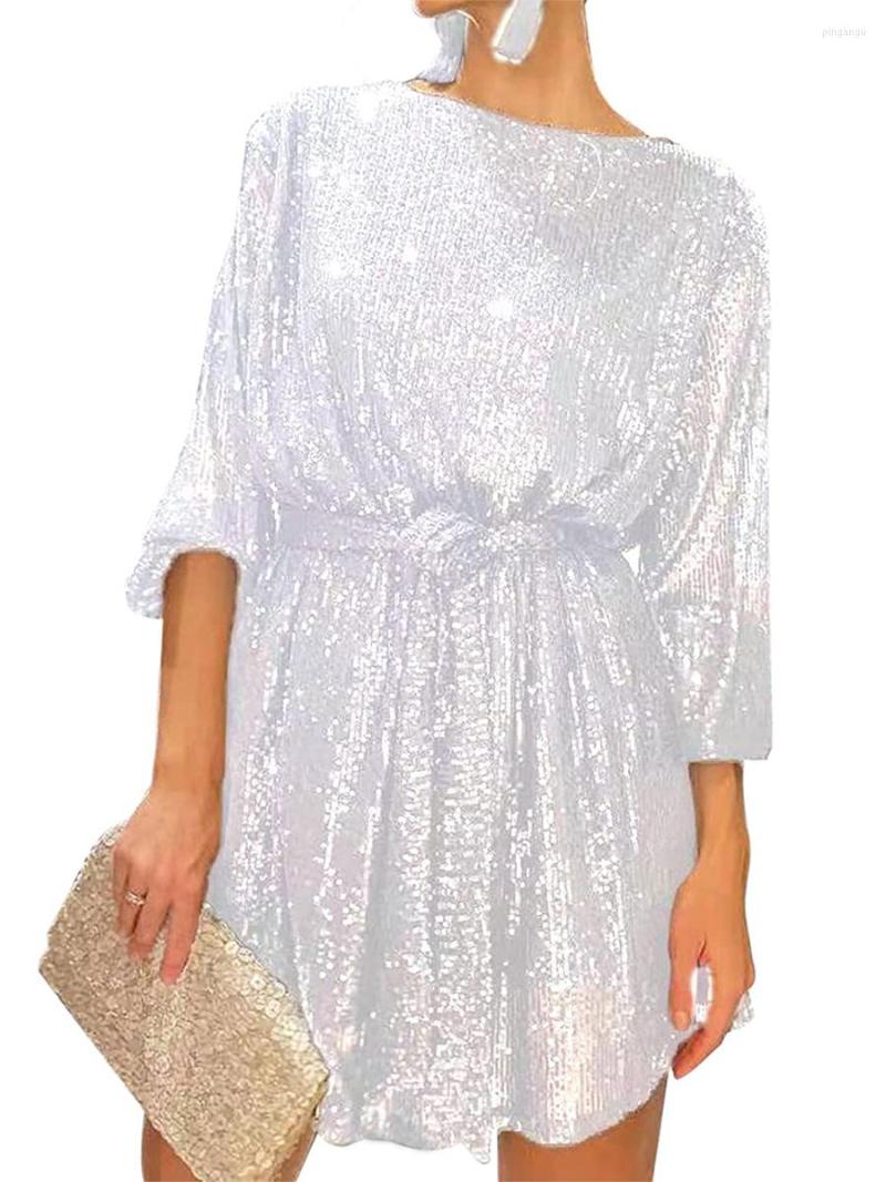 

Casual Dresses Women' Sequin Party Dress Sparkle Long Sleeve Round Neck Short Cocktail With Belt, Gold