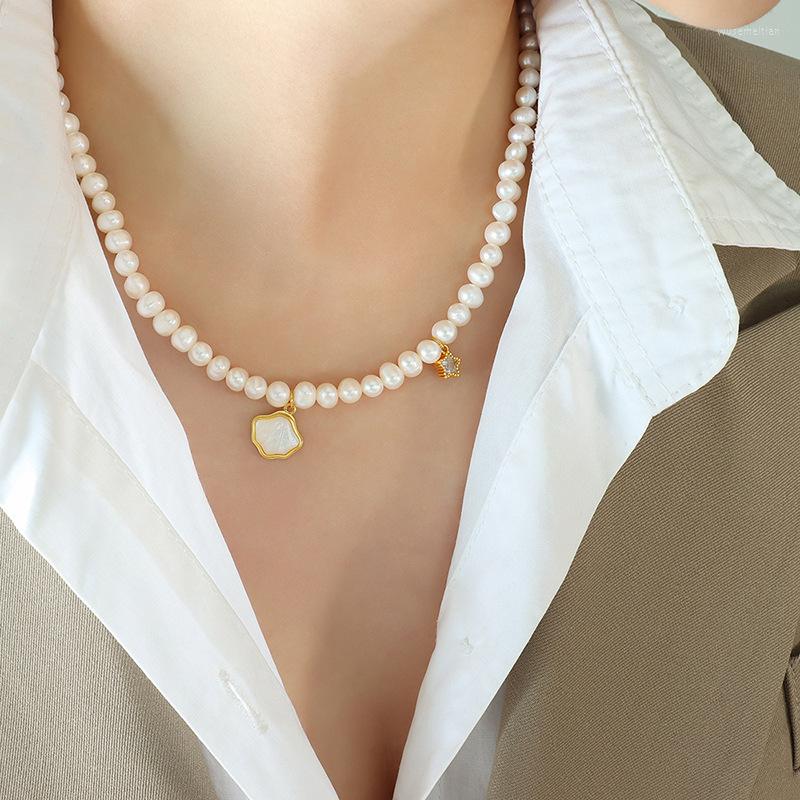 

Choker Minar Trendy Freshwater Pearl Beaded For Women 14K Gold Plated Brass White Shell Zircon Star Pendant Necklace