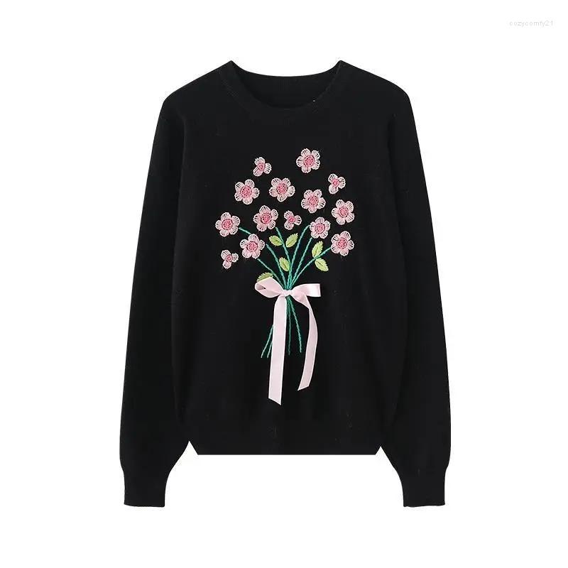 

Women' Sweaters Autumn Women' Knitted Sweater Black Bouquet Embroidery White Round Neck Long-sleeved Flower Pattern Loose