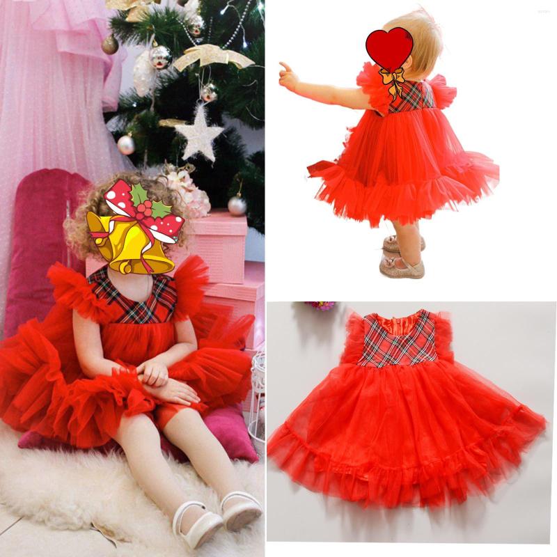

Girl Dresses Xmas Toddler Kids Infant Baby Girls Long Sleeve Patchwork Plaid Tulle Dress Princess Christmas Cute Clothes, Red