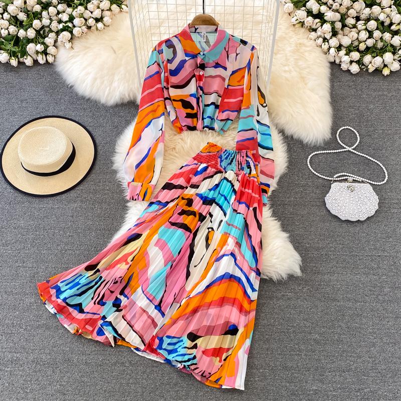 

Work Dresses Fashion 2 Pieces Women Skirts Sets Summer 2023 Printed Chiffon Striped Shirts And A-Line Female Clothing Suits, Orange