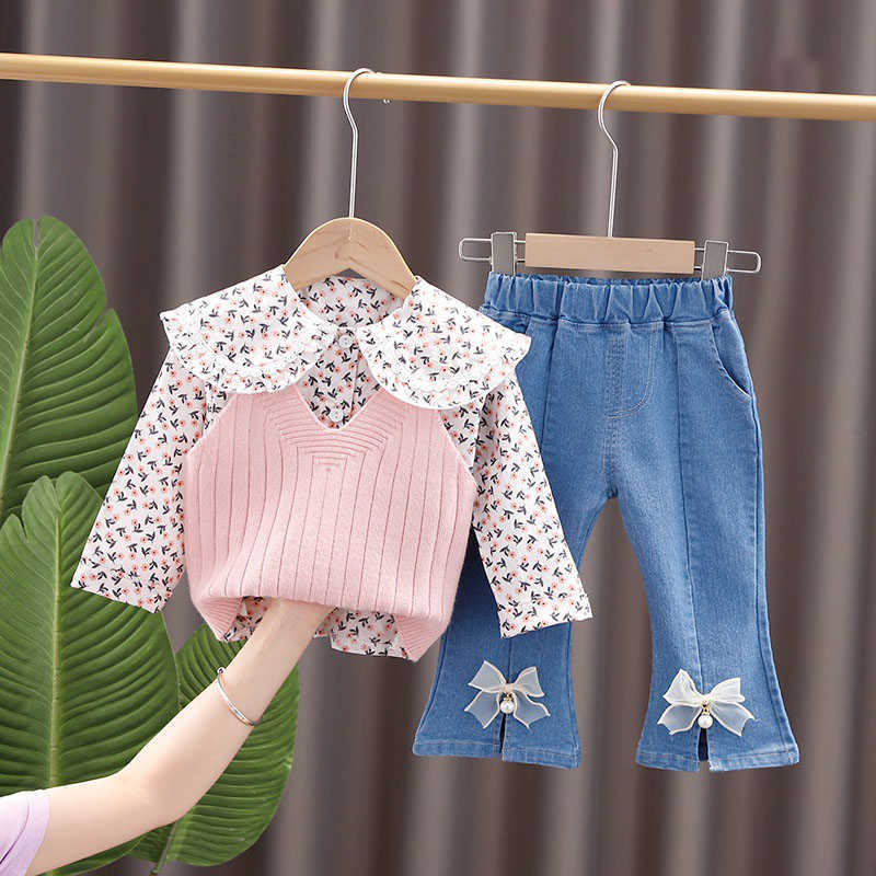 

Sets Kids Girls Spring Autumn Outfits New Fashion Baby Floral Shirt And Knitted Vest Jeans Pcs Children's Korean Style Clothing Y, Ah9171 pink