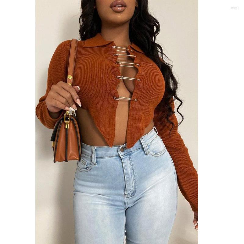 

Women' Sweaters POFGD 2023 Fashion Street Girl Style Women Sweater Long Sleeve V Neck Pure Color Lady Short, Black