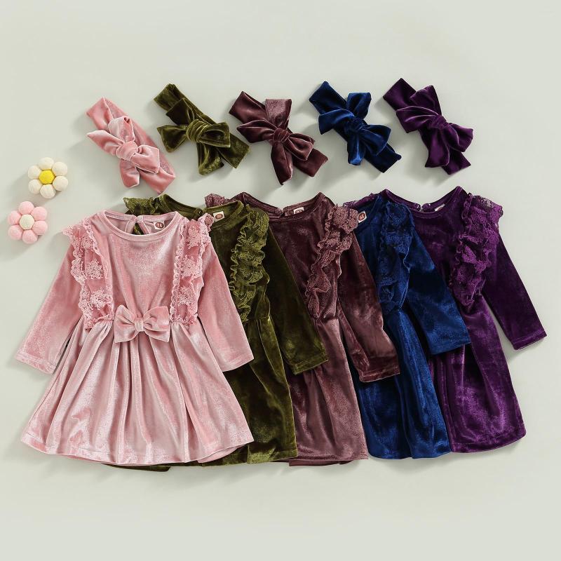 

Girl Dresses Toddler Kids Baby 2Pcs Winter Outfits Long Sleeve Bow Front Velvet Dress Headband Set 0-24M, Green