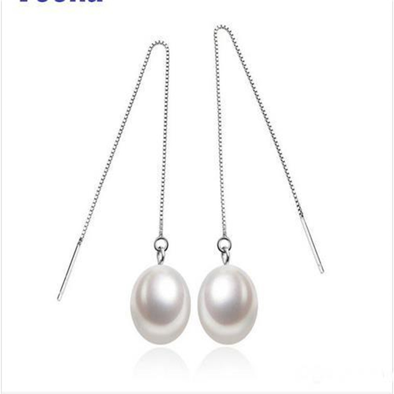 Stud Natural blanc 8-9 mm Pearls Water Drop Boucles d'oreilles Sliver Long Boucles d'oreilles pour les femmes bijoux à la mode
