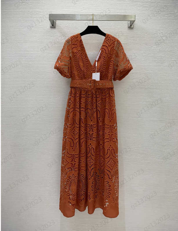 

Bubble Sleeve Dress Custom Fabric Hollowed Out Perspective Design Sexy Dresses Belt Design Pulls High Waist Line Fashion Slimming Maxiskit Dress Women 1970, 10