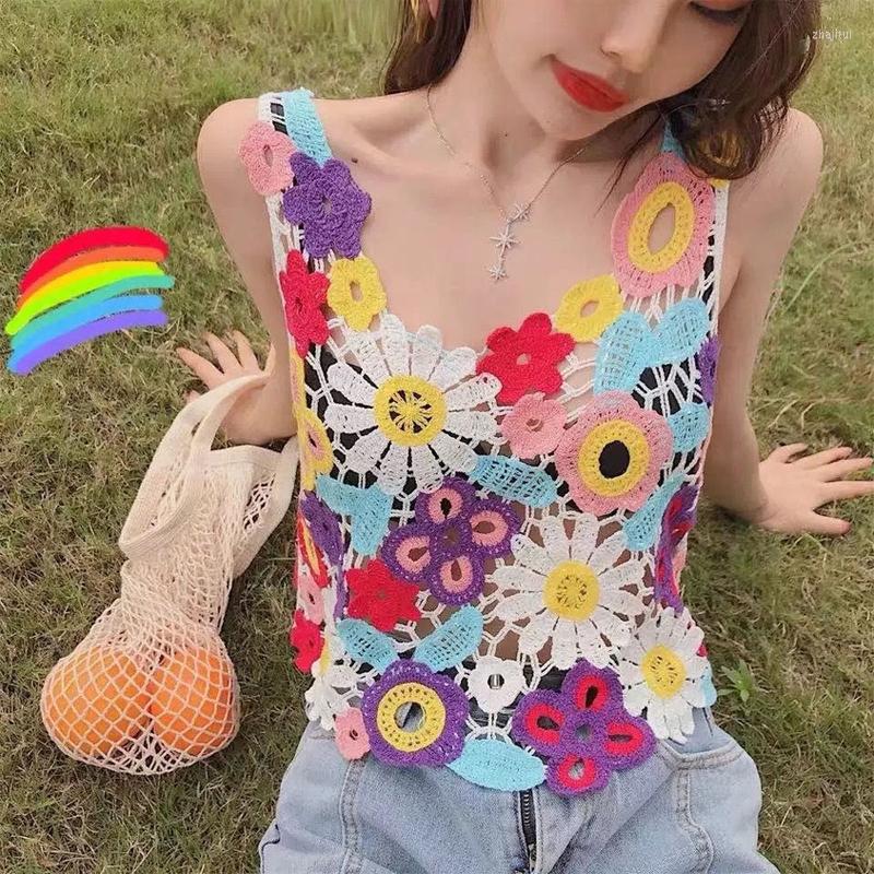 

Women's Tanks Spring Summer Garden Flower Lace Camisole Prairie Chic Women's Outer Knitted Crochet Vest Female Colorful Flowers Tank, Picture shown