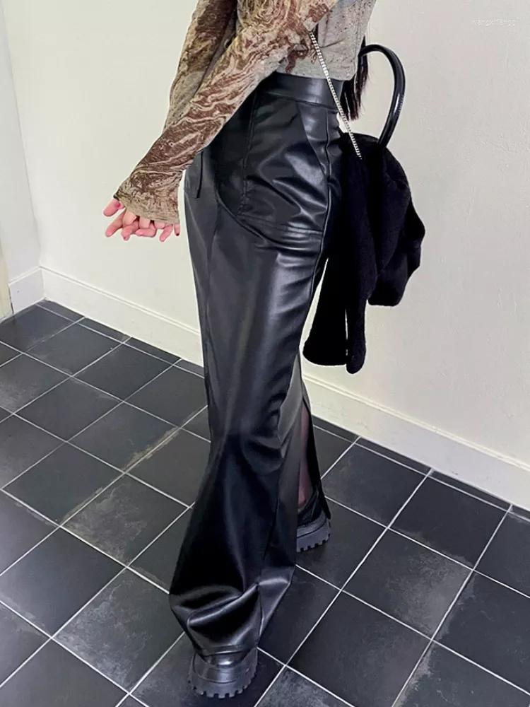 

Skirts Vintage Grunge PU Leather Long Fall Winter 90s Aesthetic High Waist Back Slit Women Punk Style Streetwear Bottoms, Black