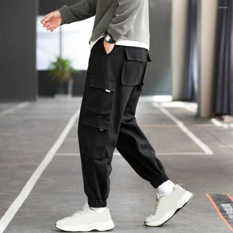 

Men's Pants Chic Men Trousers Solid Color Hip Hop Japanese Style Cargo Streetwear For School, Black