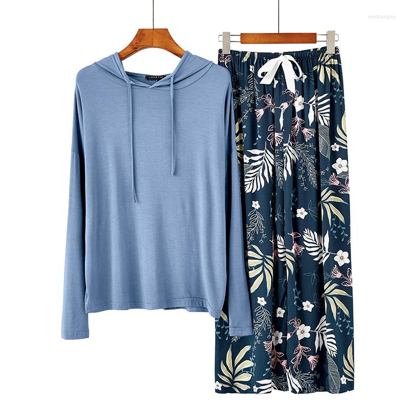 

Women's Sleepwear Women Pajamas Casual Loose Hooded Loungewear Novelty Print Flower Modal Tops Viscose Pants Trouser Suits Homewear, Leaves