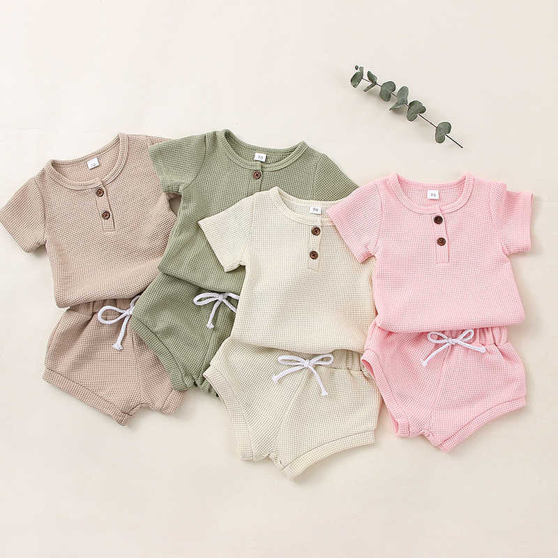 

Clothing Sets Fashion Summer Infant Baby Girls Boys PCS Clothes Set Suit Short Sleeve Plain Buttons TShirtHigh Waist TieUp Shorts Outfits, Khaki