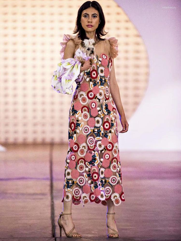 

Casual Dresses High Quality 2023 Spring Autumn Women' Long Dress Designer Fashion Elegant Flowers Embroidered Party Pencil, Multi