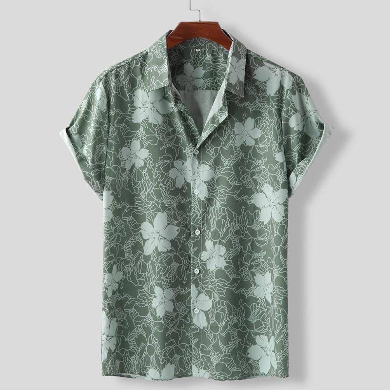 

Men's Casual Shirts Summer Shirt Hawaii Short Sleeve Flower Print Beach Harajuku Loose Turn Down Collar Oversize Camisas, Green