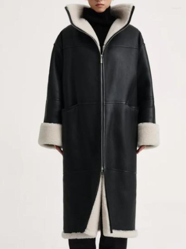 

Women's Fur 2023 Winter Lapel Trench Loose Stand Collar Commuter Mid-Length Coat Women, Black