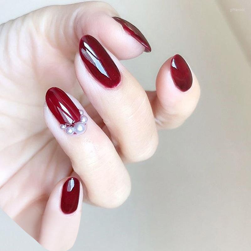 

False Nails 24pcs/box Nail Tips Wine Red Frosted Short Pearl Wear Finished Fake Full Coverage Waterproof Removable Patch, Jp1074-b7