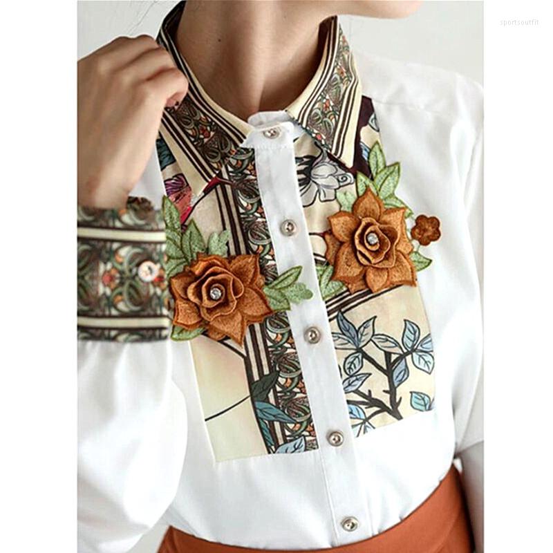 

Women' Blouses Women Vintage Floral Print Spliced Patchwork Shirt Embroidery Flowers Diamonds Tunic Shirts Blousa NS701, Multi