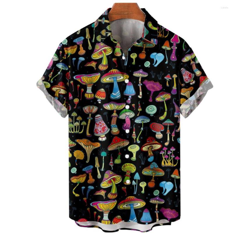 

Men's Casual Shirts Harajuku Hip Hop Short Sleeve Men Tops Mushrooms Print Summer Hawaiian Beach Holiday Button Blouse