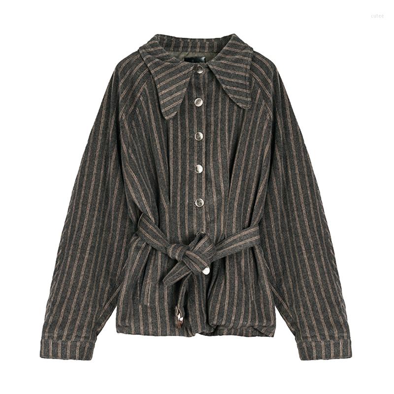 

Women's Blouses PERHAPS U Khaki Gray Striped Tweed Sash Turn Down Collar Long Sleeve Shirt Women Females Spring B0270