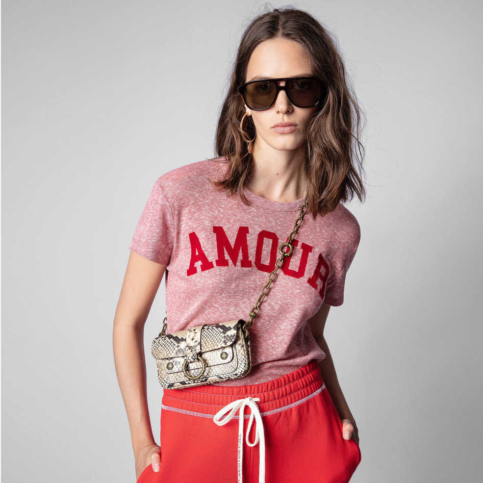 

23SS Women Designer Fashion Cotton T Shirt Zadigs Letter Amour Flocking Printing Pollen Round Neck Short Sleeve Pullover T-shirt, Pollen color