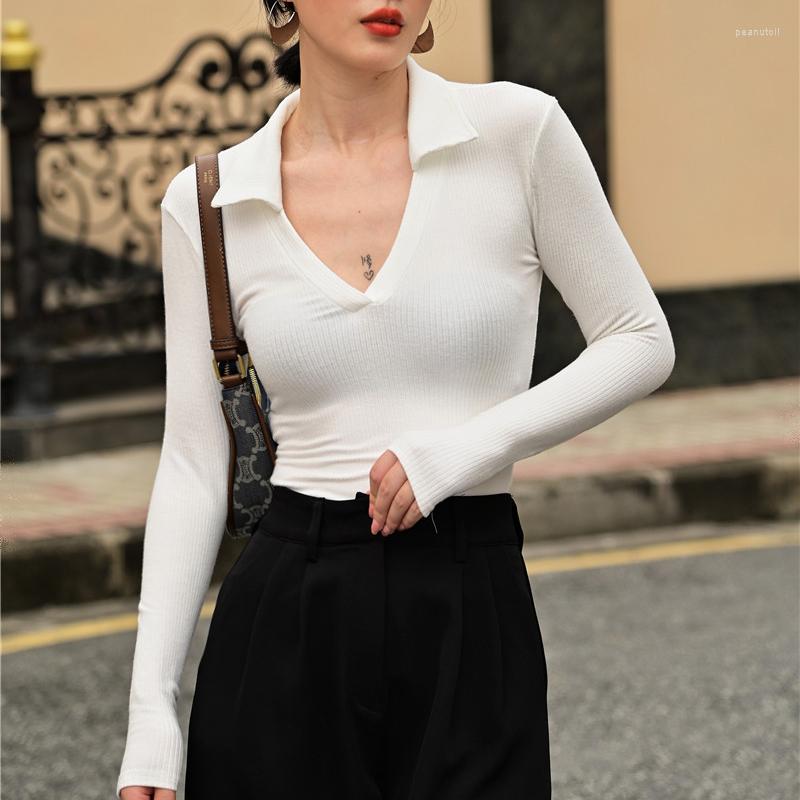 

Women's T Shirts Women V Neck Long Sleeve Collared Crop Top In Rib, Brown