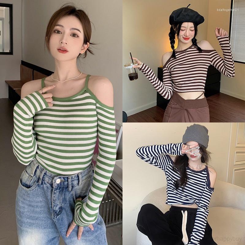 

Women's T Shirts Women's Knitted Halter Short Tops Long Sleeves Stripe, Black