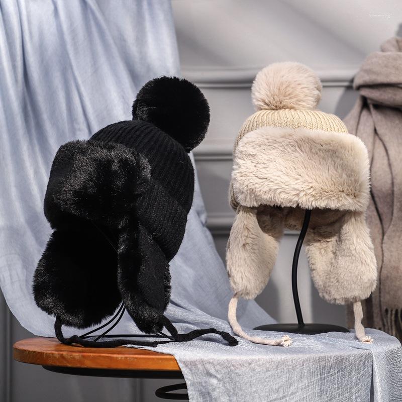 

Berets Women's Pompom Fur Knitted Beanies With Earflaps Plus Velvet Ladies Winter Bomber Hat Warm Ski Cap Bonnet Femme Ushanka 2023, Black