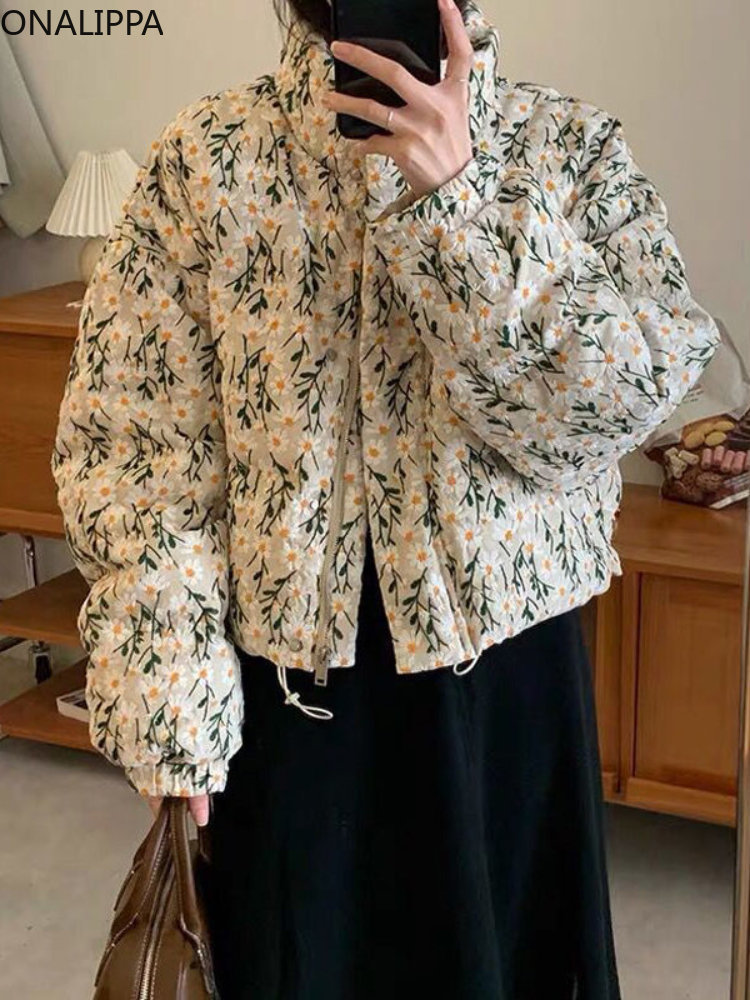 

Women s Jackets Onalippa Floral Printing Winter Clothe Stand Collar Zipper Loose Quilted Coat Korean Fashion Thick Warm Long Sleeve Top 230213, Beige