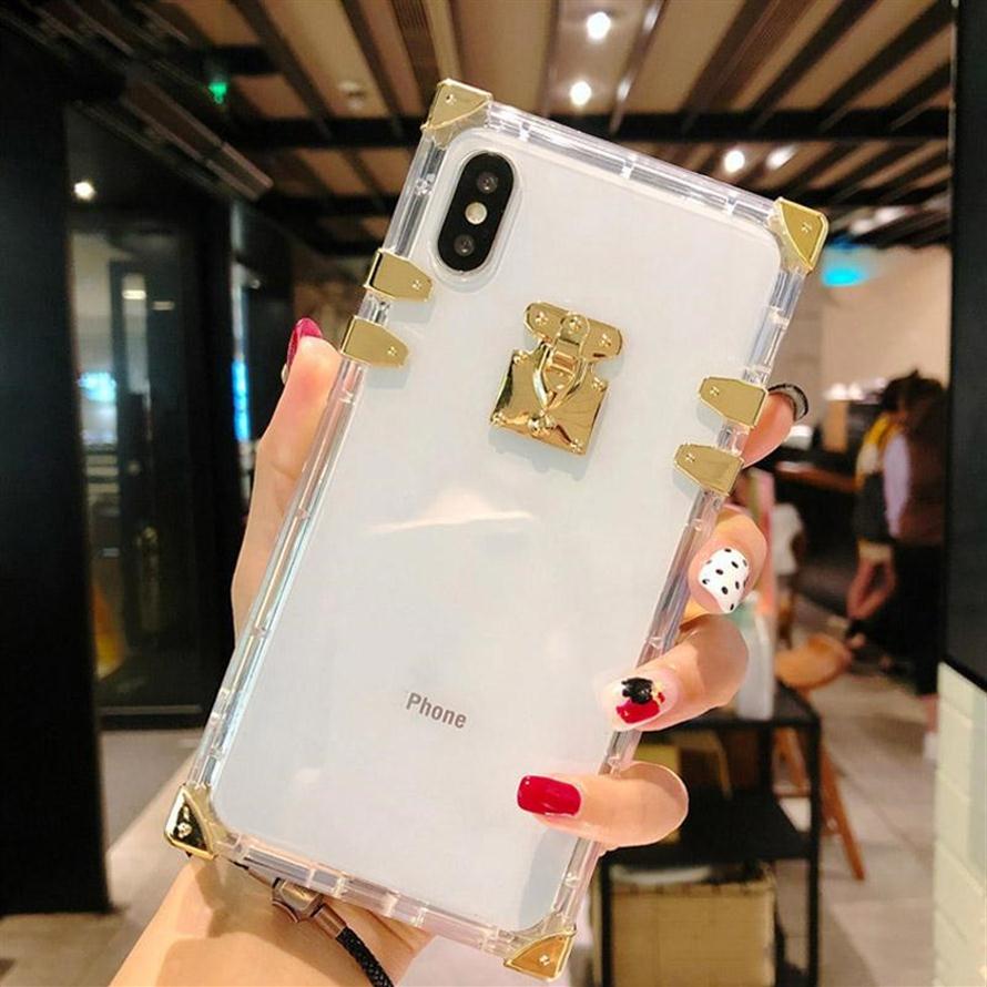 

Fashion Luxury Designer Square Cell Phone Cases Metal Clear Crystal Back Cover for iPhone 11 12 13 Pro Max XS XR 7 8 Plus271A, Transparent