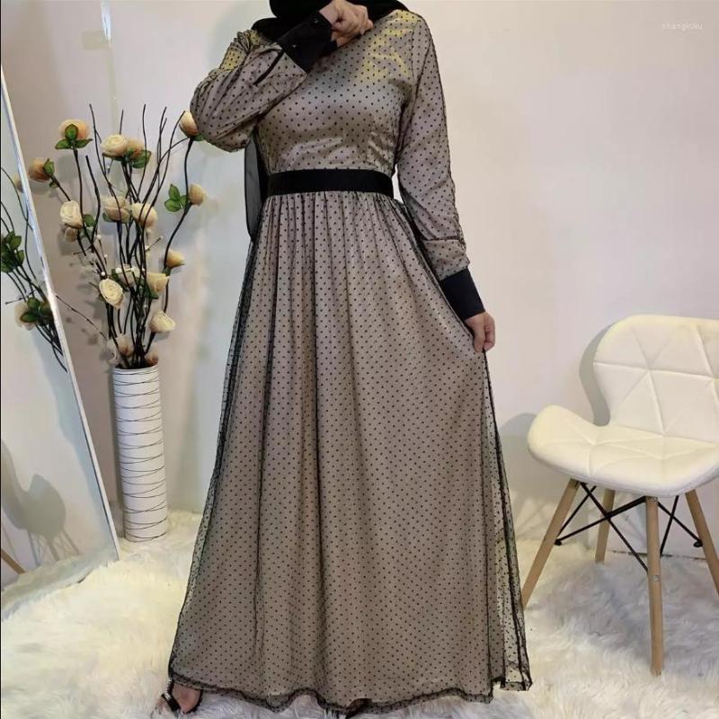 

Ethnic Clothing Latest Fake Two Pieces Muslim Robe Abaya Syari Female Full Length Polka Dots Mesh Worship Service Abayas F2038