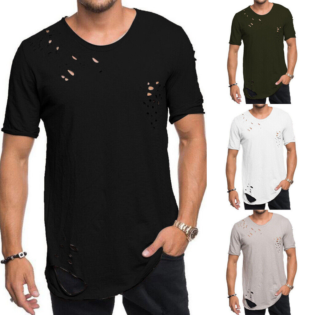 

Men Round Neck T-Shirt Shirts Ripped Sport Short Sleeve Casual Slim Tops Tee, Black