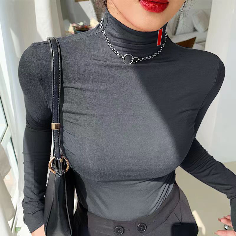 

Womens Blouse Shirts High Neck Designer Turtleneck Shirt Woman Slim Blouses Tees S-3XL, Black